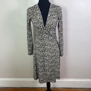Banana Republic XS Black Beige Print Long Sleeve Wrap Dress Career